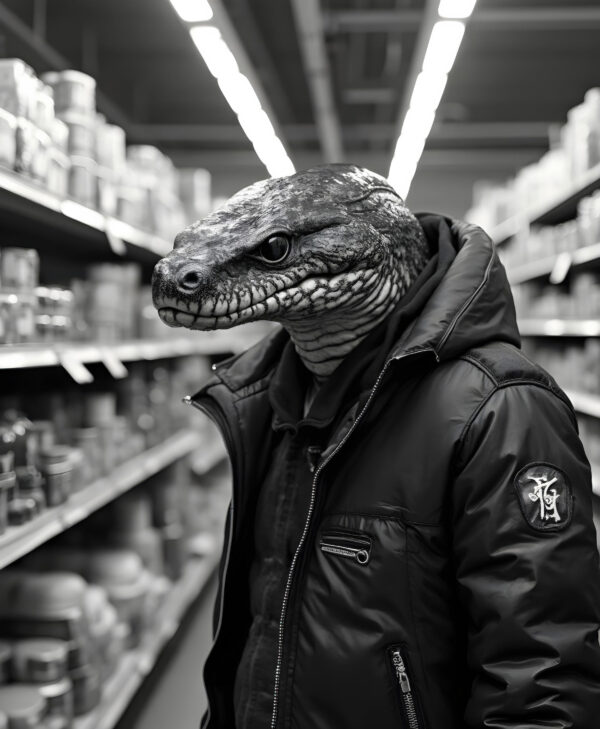 Street photography of a giant anaconda named Suruk, wearing a punk rock jacket, wide shot, in a supermarket with tall shelves filled with groceries, monochrome