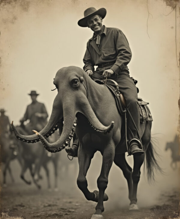 retro styling photography of a smiling cowboy riding an big octopus called Marcus, monochrome, grainy daguerreotype