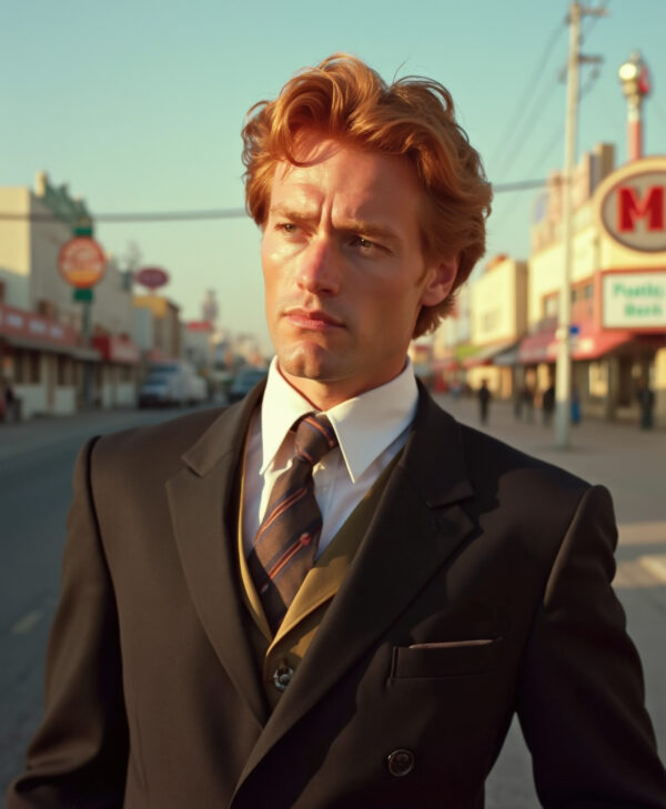 the 70s, Lo-Fi Photography of a red head men in a suit named Chris, close-up shot, with a contemplative smirk, in streets of las vegas