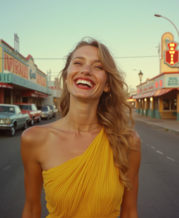 the 70s, Lo-Fi Photography of a woman in a yellow dress, close-up shot, laughing, in streets of las vegas (seed 14145)